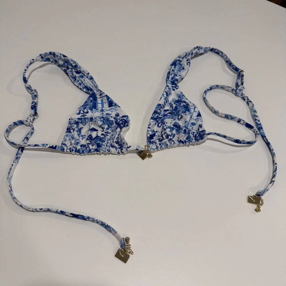 Bydee Cyprus Bikini Top Alythia Blue White Toile Landscape Gold Charms Small
